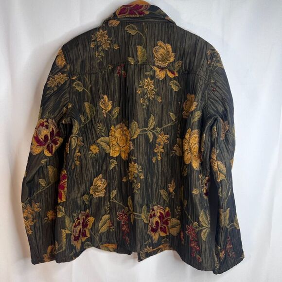 Chicos Brown Floral Tapestry Crinkle Brocade Button Front Blazer Size 2 (MD) - Picture 2 of 9